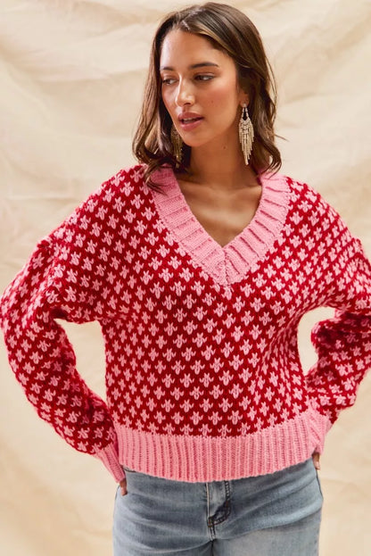 SO ME Color Block Textured V-Neck Christmas Sweater Top