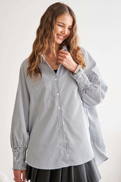 Adora Striped High-Low Smocked Lantern Sleeve Shirt Dark Gray