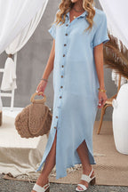 Button Down Short Sleeve Midi Shirt Dress - Elegant & Versatile