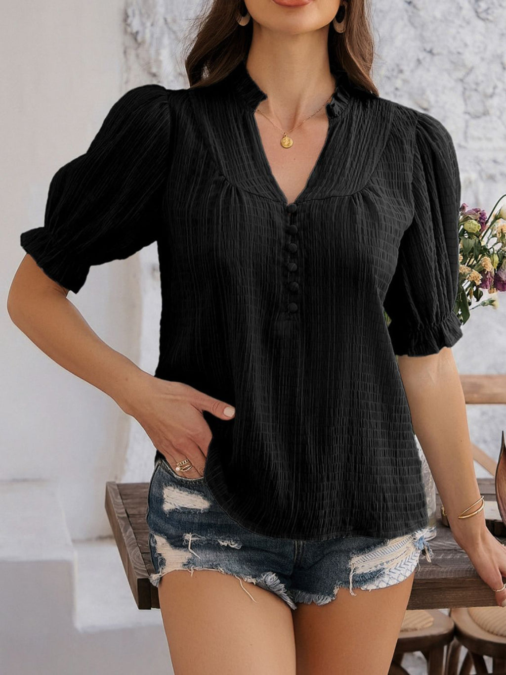 Devine Frill Notched Short Sleeve Blouse - Elegant & Chic