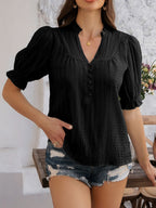 Devine Frill Notched Short Sleeve Blouse - Elegant & Chic