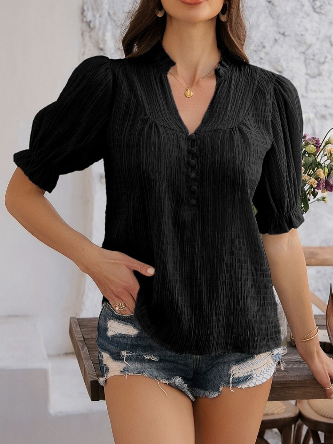 Devine Frill Notched Short Sleeve Blouse - Elegant & Chic