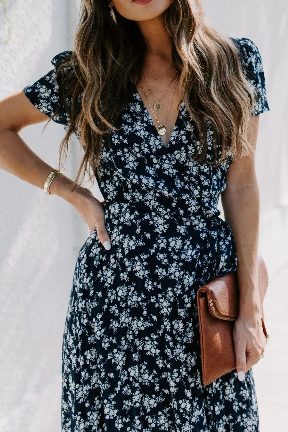Floral Surplice Dress with Tie Waist and Side Slit