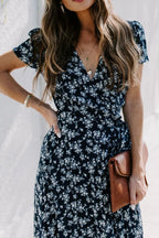 Floral Surplice Dress with Tie Waist and Side Slit