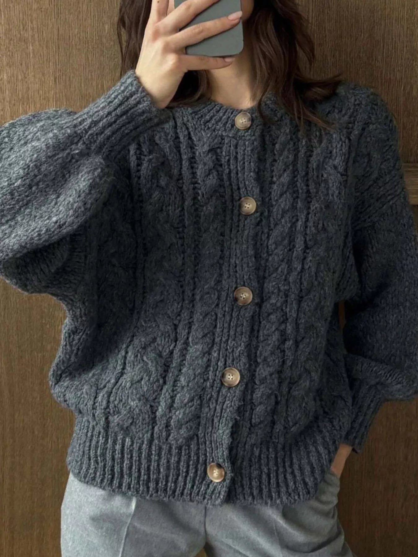 Cozy Cable Knit Button-Front Cardigan Sweater Gray