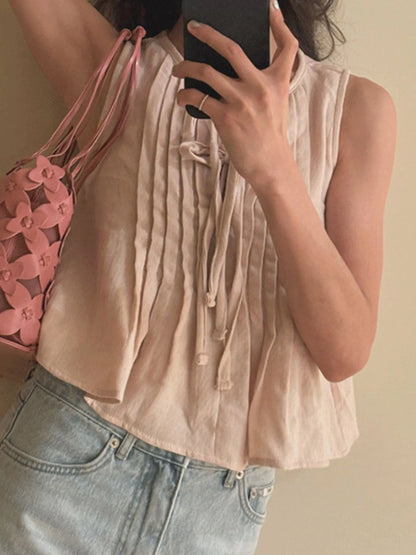 Tie-Front Sleeveless Summer Blouse â€“ Lightweight Ruched Top