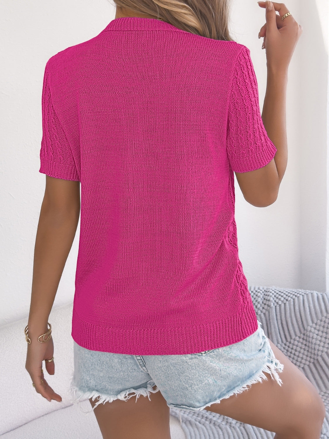 Cable Knit Button Down Short Sleeve Cardigan - Stylish & Versatile