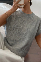 Flower Pattern Ribbed Trim Short Sleeve Boxy Sweater
