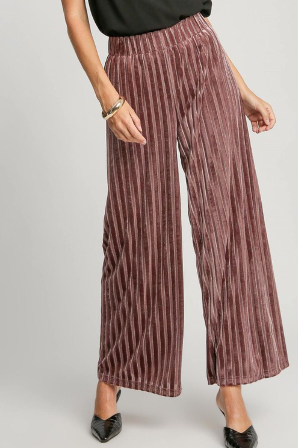 Umgee Elastic Waist Striped Wide Leg Velvet Pants Burgundy