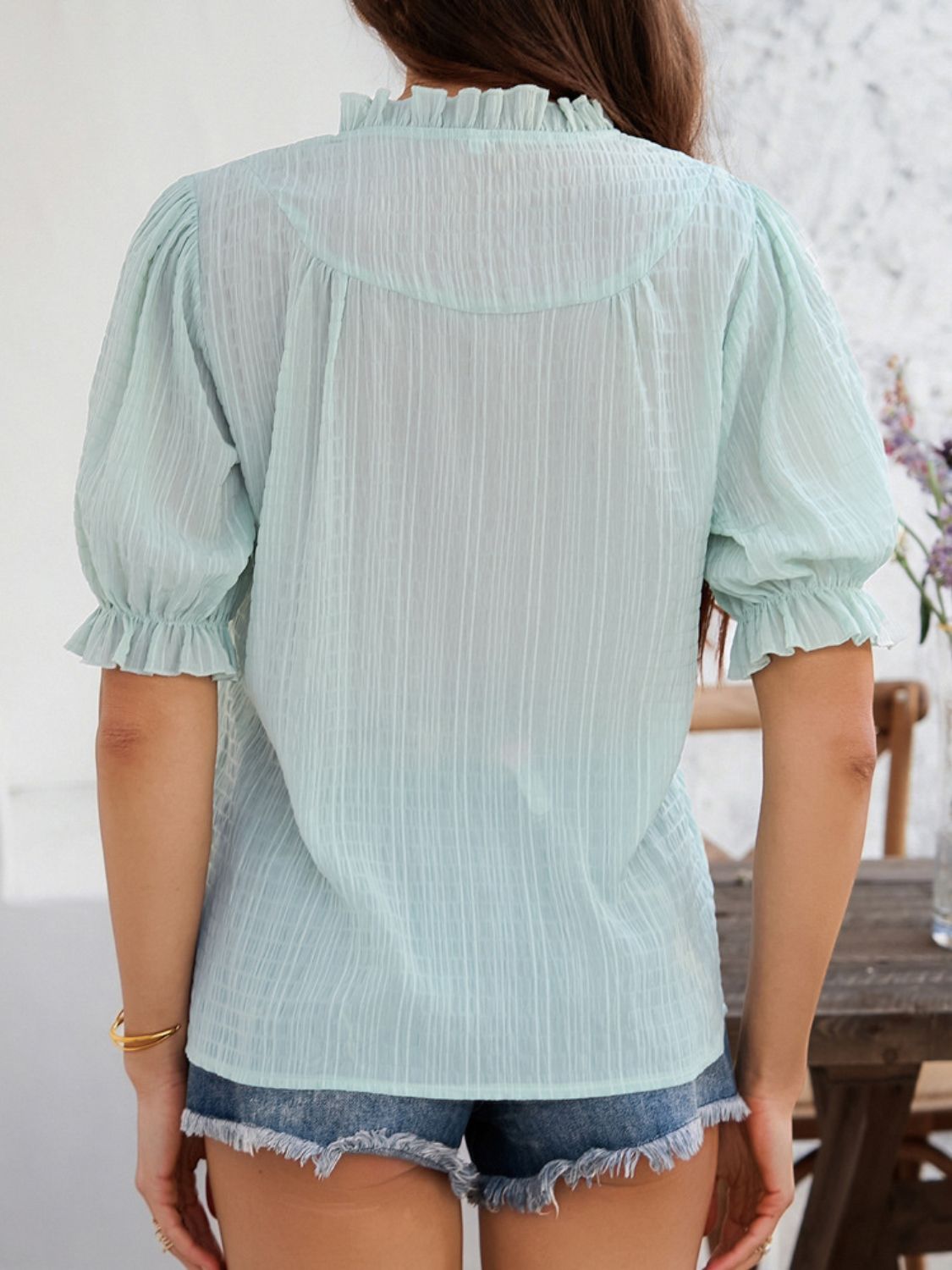 Devine Frill Notched Short Sleeve Blouse - Elegant & Chic