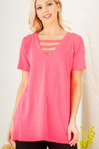 Heimish Full Size V-Neck Short Sleeve T-Shirt with Bar Detail