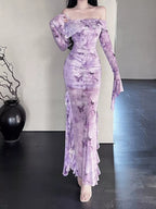 Butterfly Print Off-Shoulder Mesh Mermaid Dress