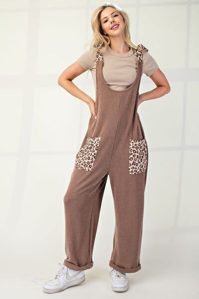 Celeste Full Size Ribbed Leopard Tied Shoulder Overalls Taupe