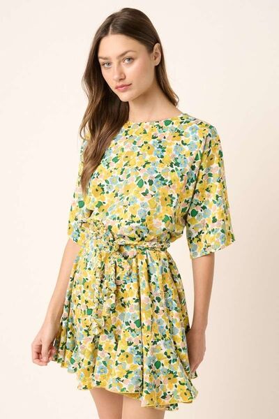 Mittoshop Floral Tie Waist Half Sleeve Mini Dress Lime Yellow