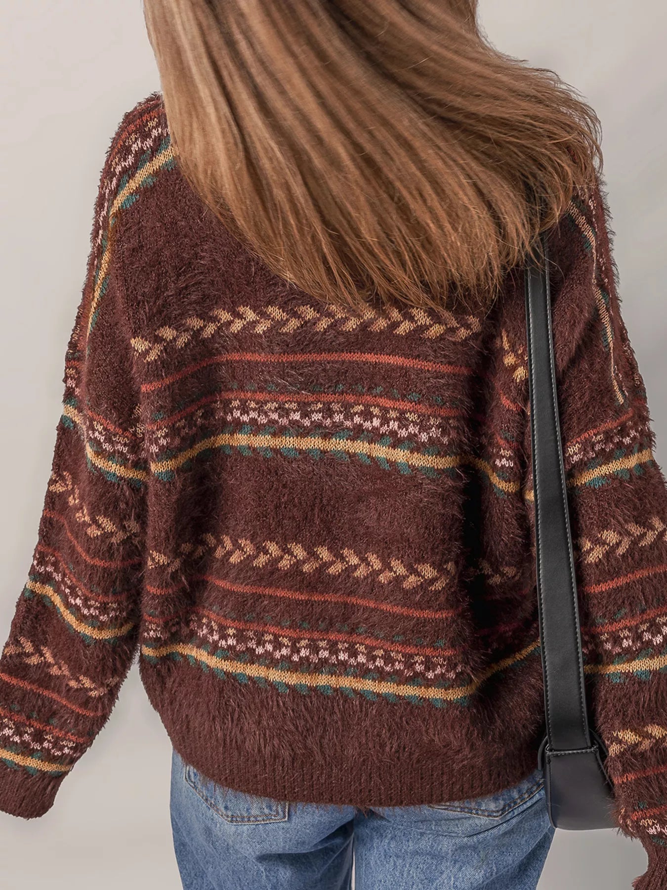 Ethnic Pattern Mohair Knit Oversized Drop Shoulder Sweater