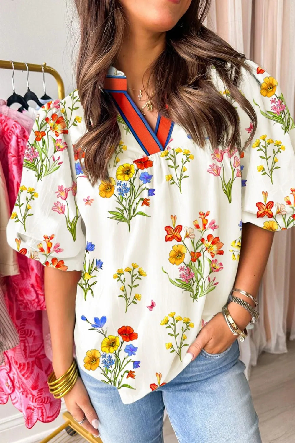 BloomEase Puff Sleeve Floral Notched Blouse Cream