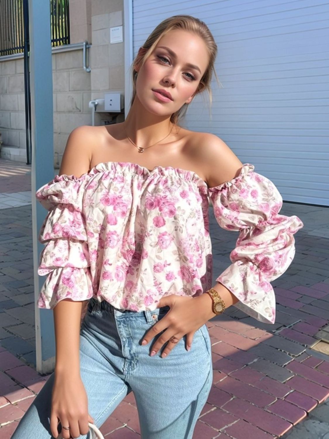 Printed Off-Shoulder Flounce Sleeve Blouse – Chic & Trendy Blush Pink