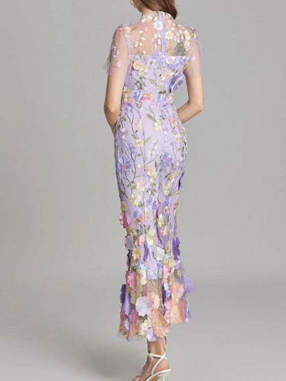 Embroidered Mesh Overlay Maxi Dress – Lined Evening Wear with Zipper Closure