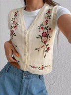 Chic Embroidered Button-Up Sweater Vest – Layer for Every Season