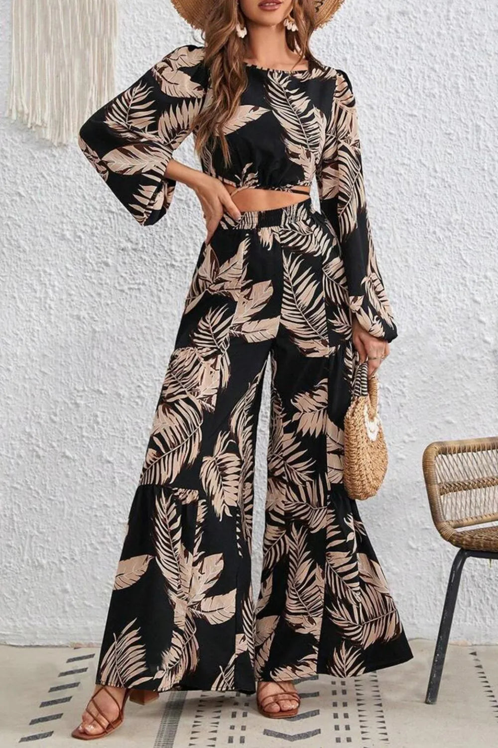 ChicMatch Printed Long Sleeve Two-Piece Set Black