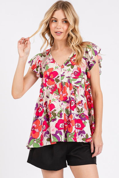 Mittoshop Floral V-Neck Ruffled Cap Sleeve Peplum Blouse Red