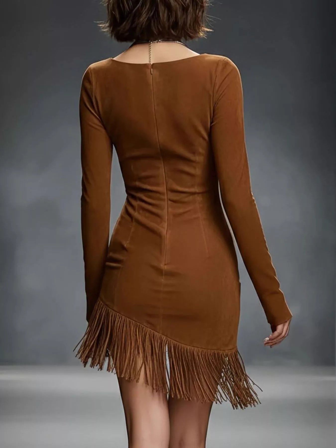 Trendy Suede Fringe Hem Mini Dress with Zip Detail