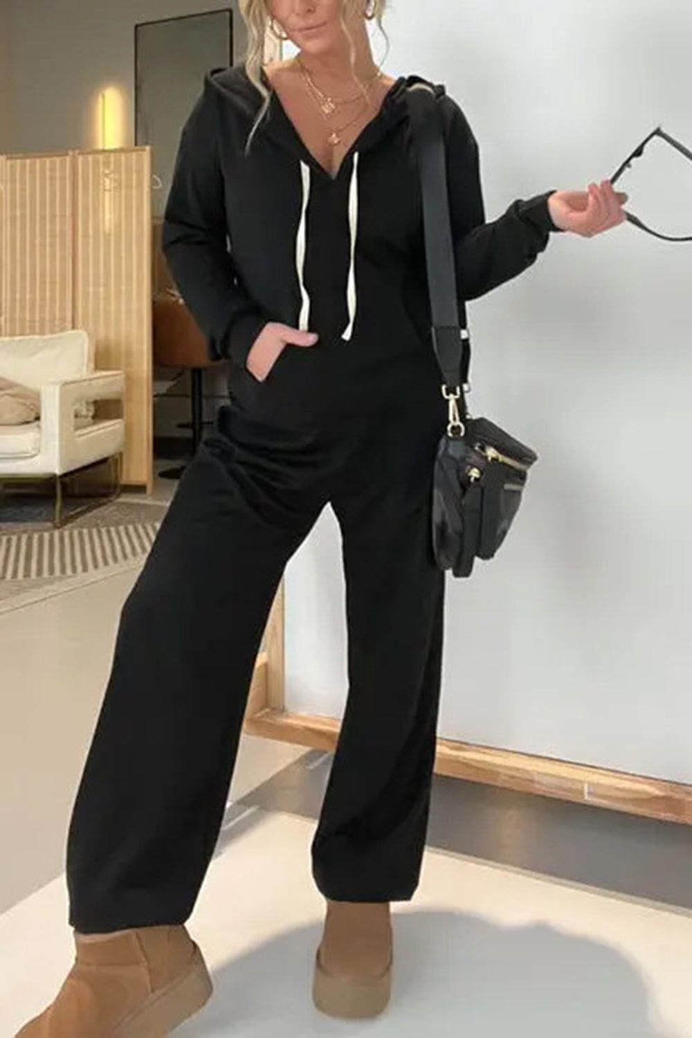 Drawstring Long Sleeve Jumpsuit Black