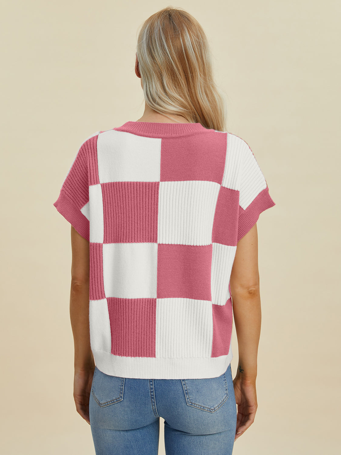 Double Take Checkered Round Neck Short Sleeve Sweater