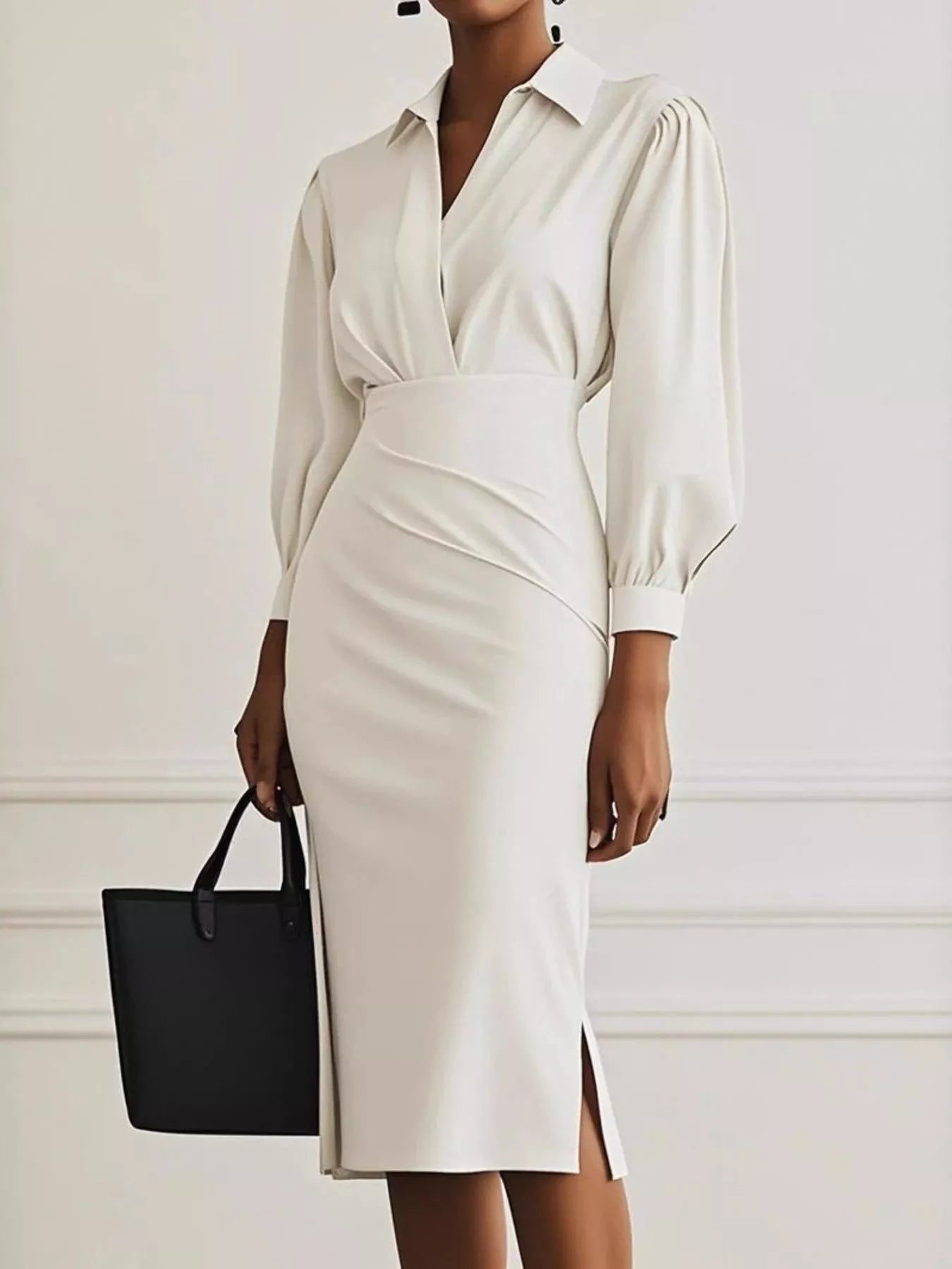Elegant Ruched Midi Shirt Dress with Chic Side Slit Milky White