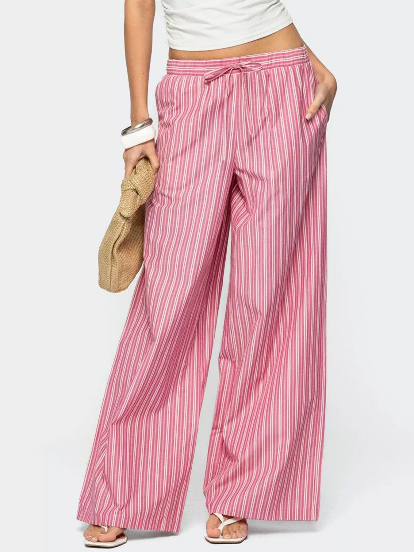 Striped Drawstring Wide-Leg Pants with Pockets Pink