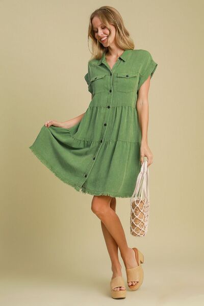 Umgee Full Size Frayed Hemline Button Down Shirt Dress