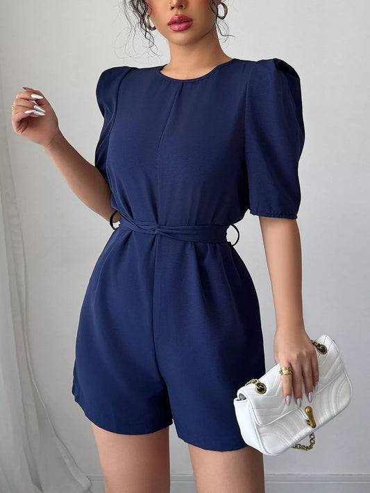 Belted Tie-Waist Short Sleeve Romper Navy