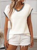 Contrast Trim V-Neck Short Sleeve Knit Top Cream
