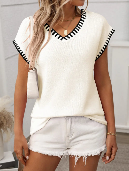 Contrast Trim V-Neck Short Sleeve Knit Top Cream