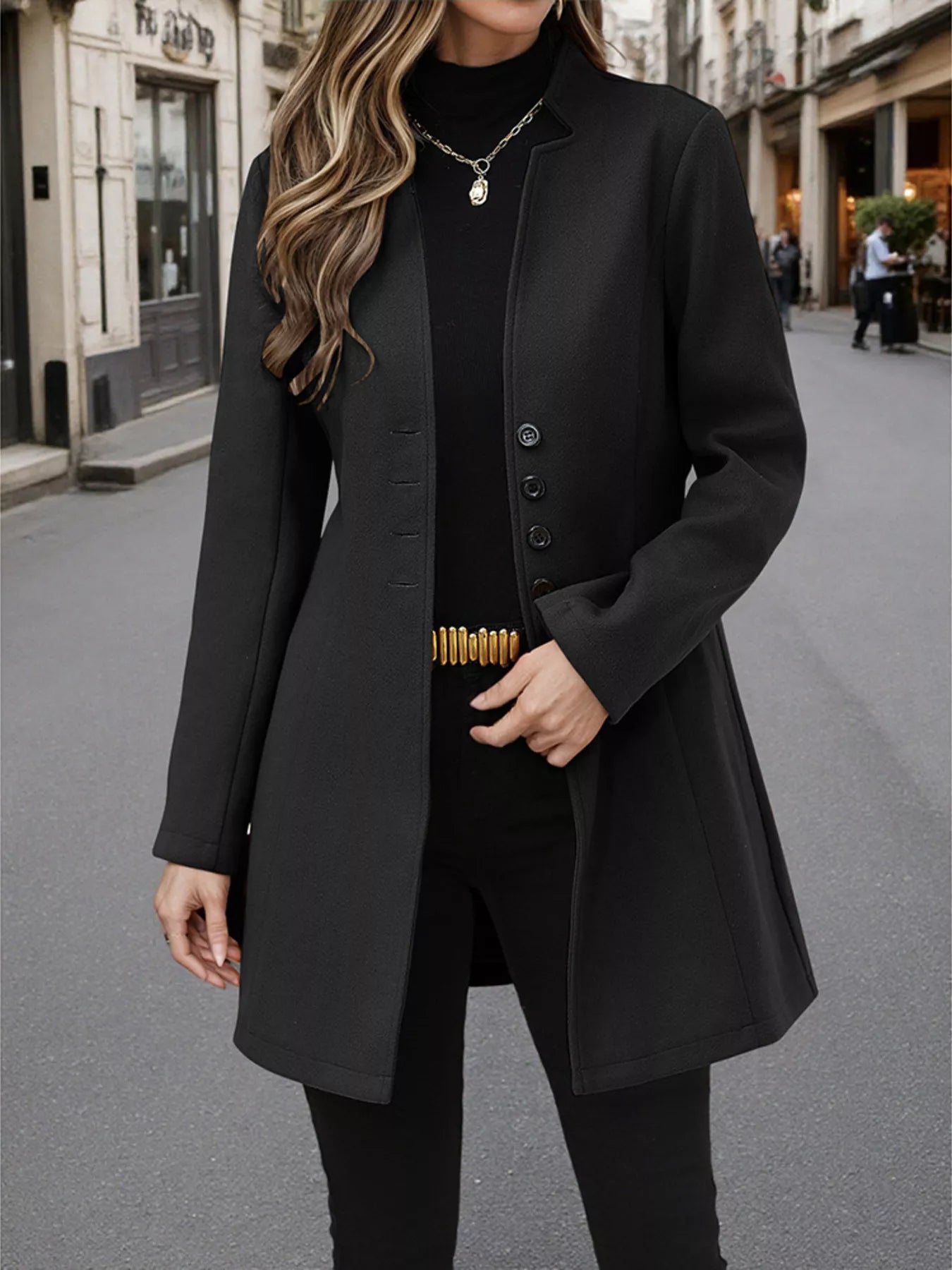 Classic Button-Up Long Sleeve Coat Black