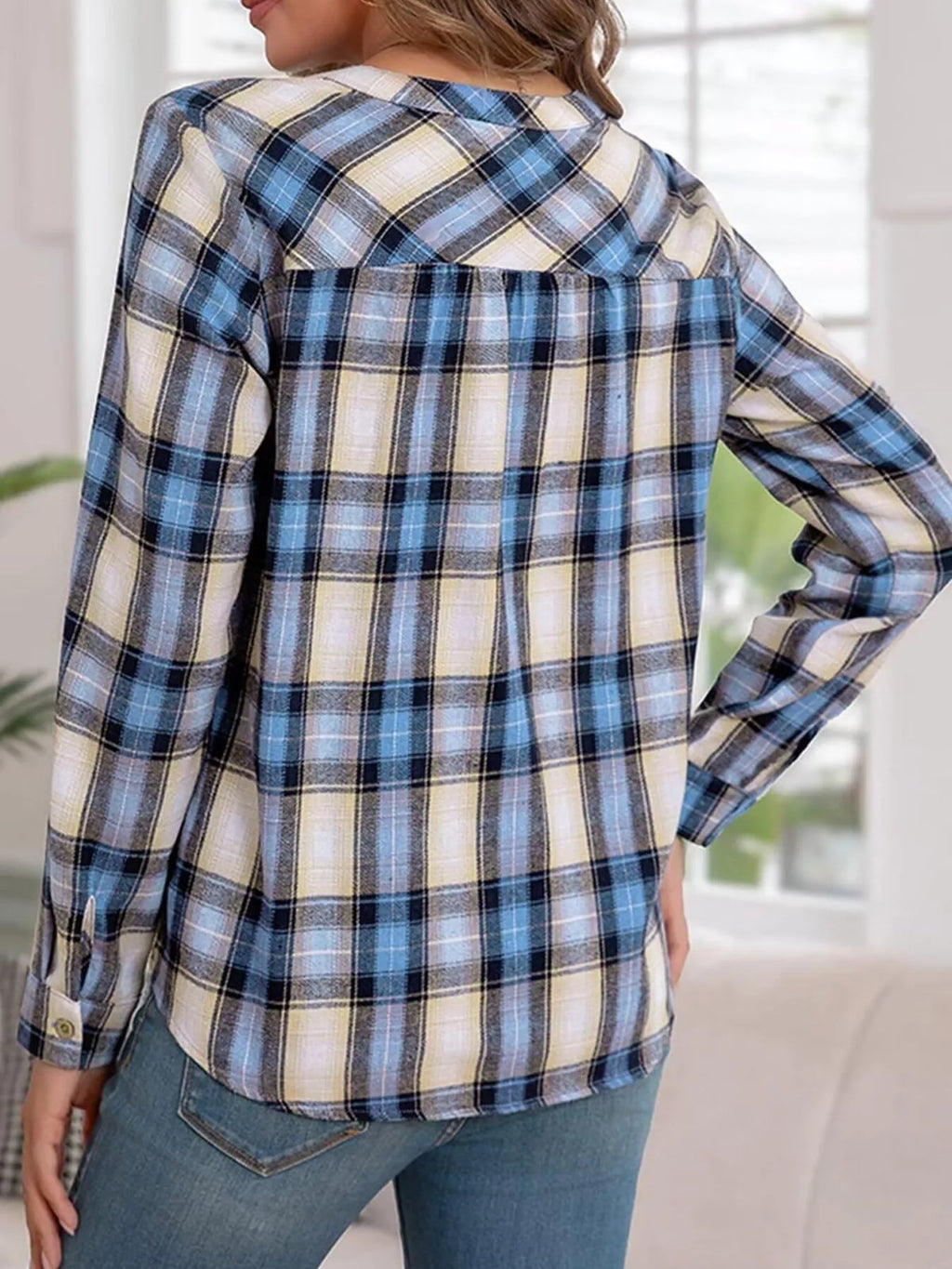 Classic Plaid Half Button Long Sleeve Blouse