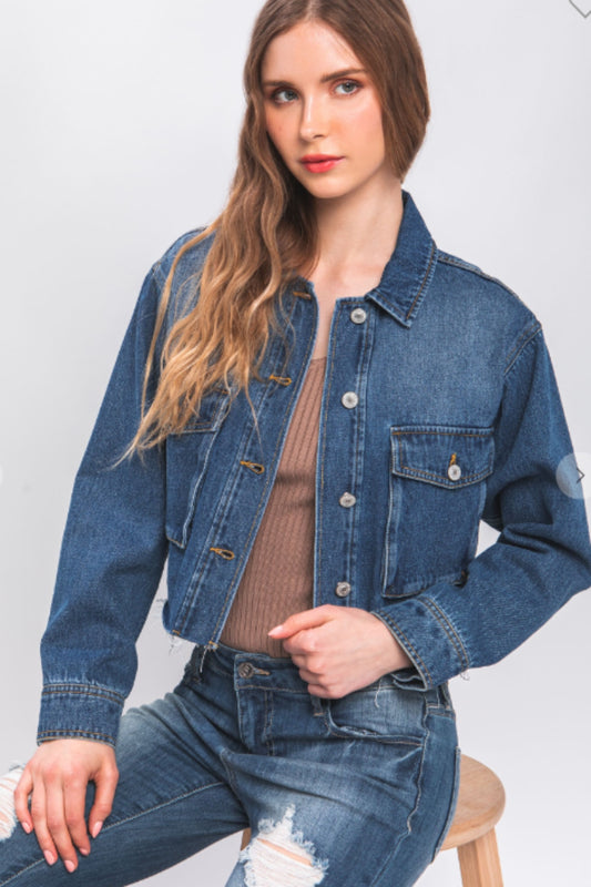 Love Tree Cropped Denim Jacket with Raw Hem Blue