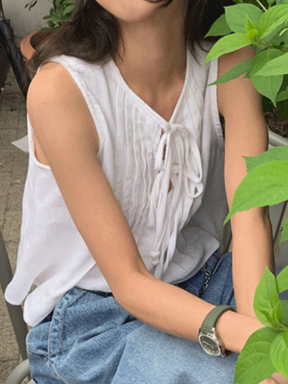 Tie-Front Sleeveless Summer Blouse â€“ Lightweight Ruched Top