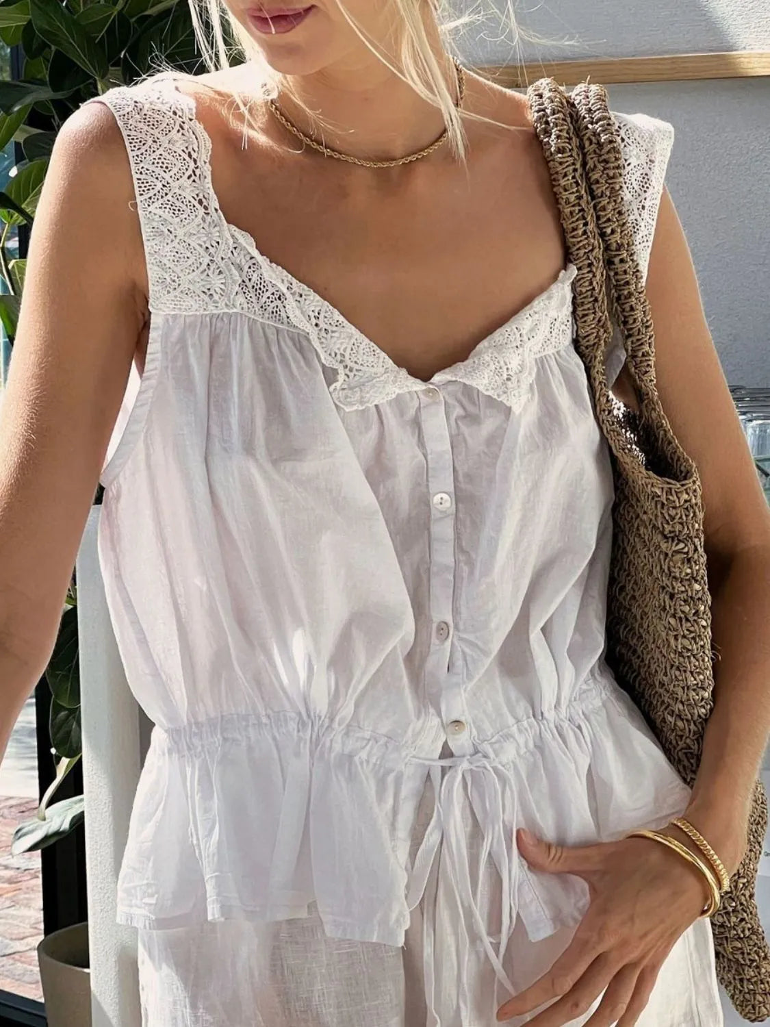 Lace Trim Drawstring Tank - Buttoned & Breezy Style
