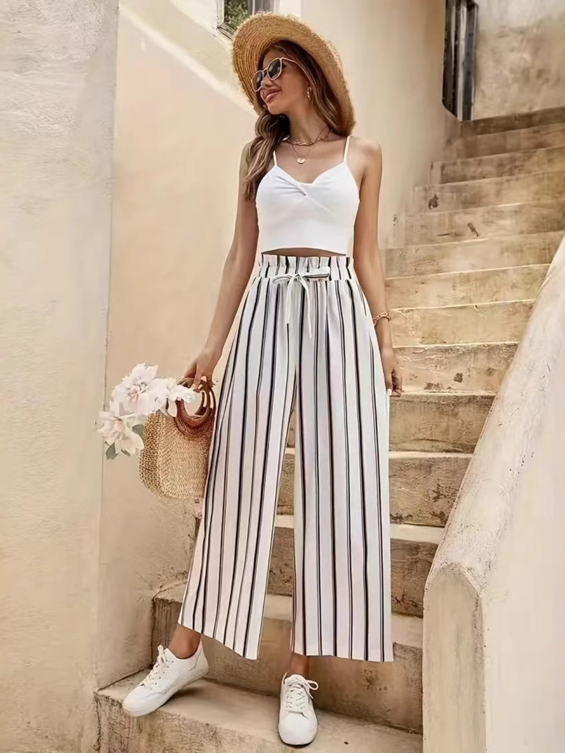 Tied Striped Wide-Leg Pants - Comfortable & Elegant