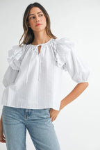 MABLE Stripe Ruffle Shoulder Puff Sleeve Blouse White