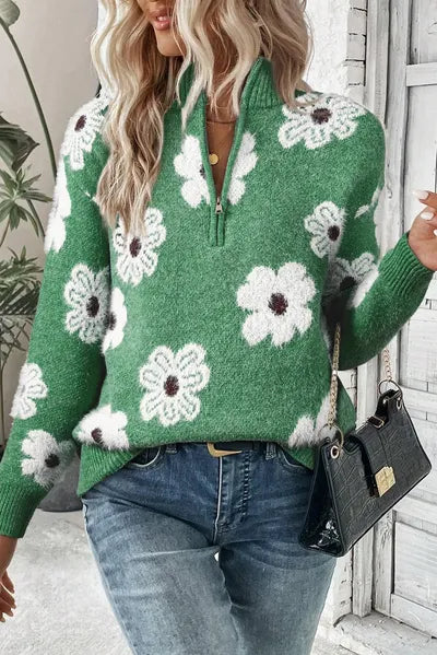 Floral Half-Zip Long Sleeve Knit Sweater Dark Green