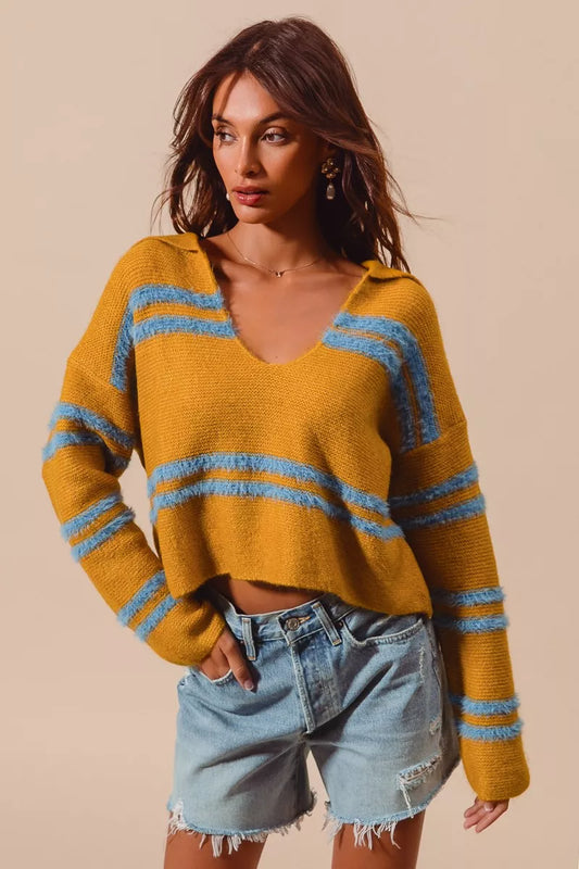 SO ME Fuzzy Striped Deep U-Neck Sweater – Oversized Cozy Top MUSTARD BLUE