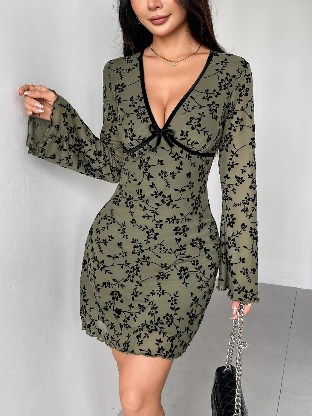 Floral Print Flare-Sleeve Mini Dress