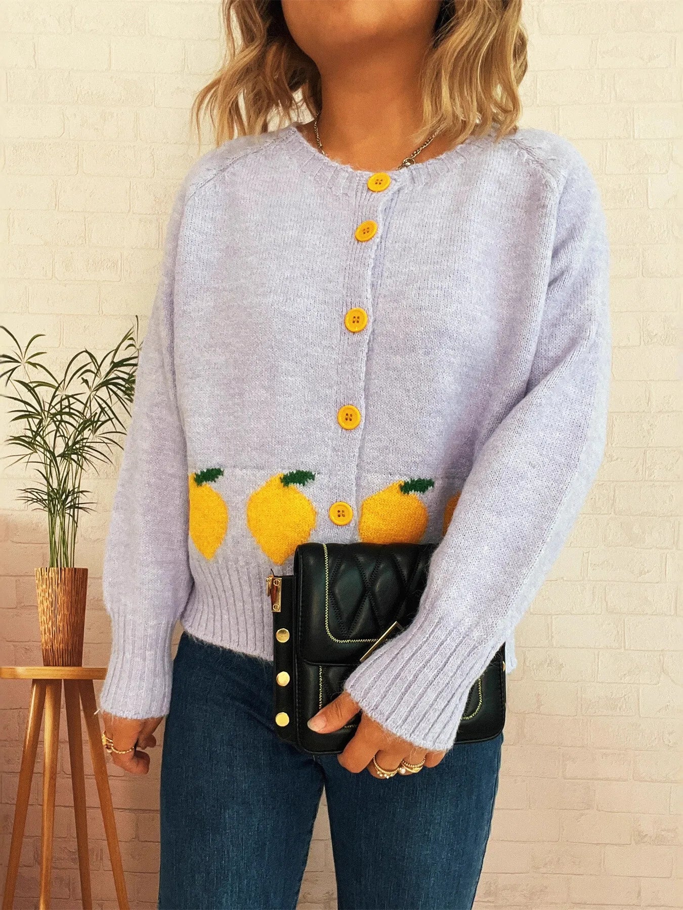 Chic Lemon Pattern Button-Up Cardigan – Playful Knitwear for Everyday Style