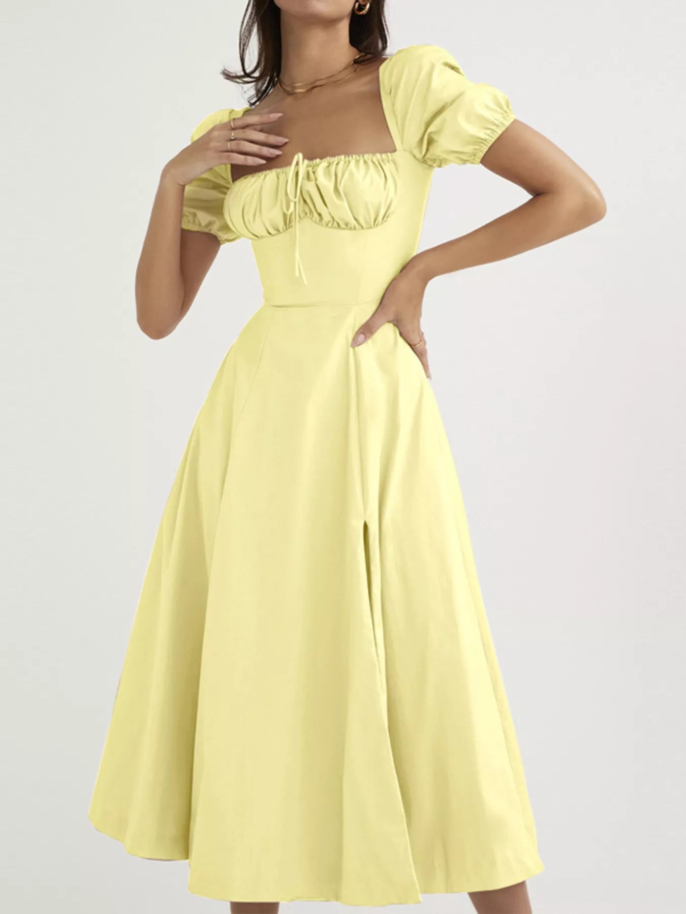 Full-Size Ruched Tie-Waist Slit Midi Dress Yellow