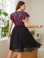 Honey Curve Surplice Floral Belted Dress with Flutter Sleeves