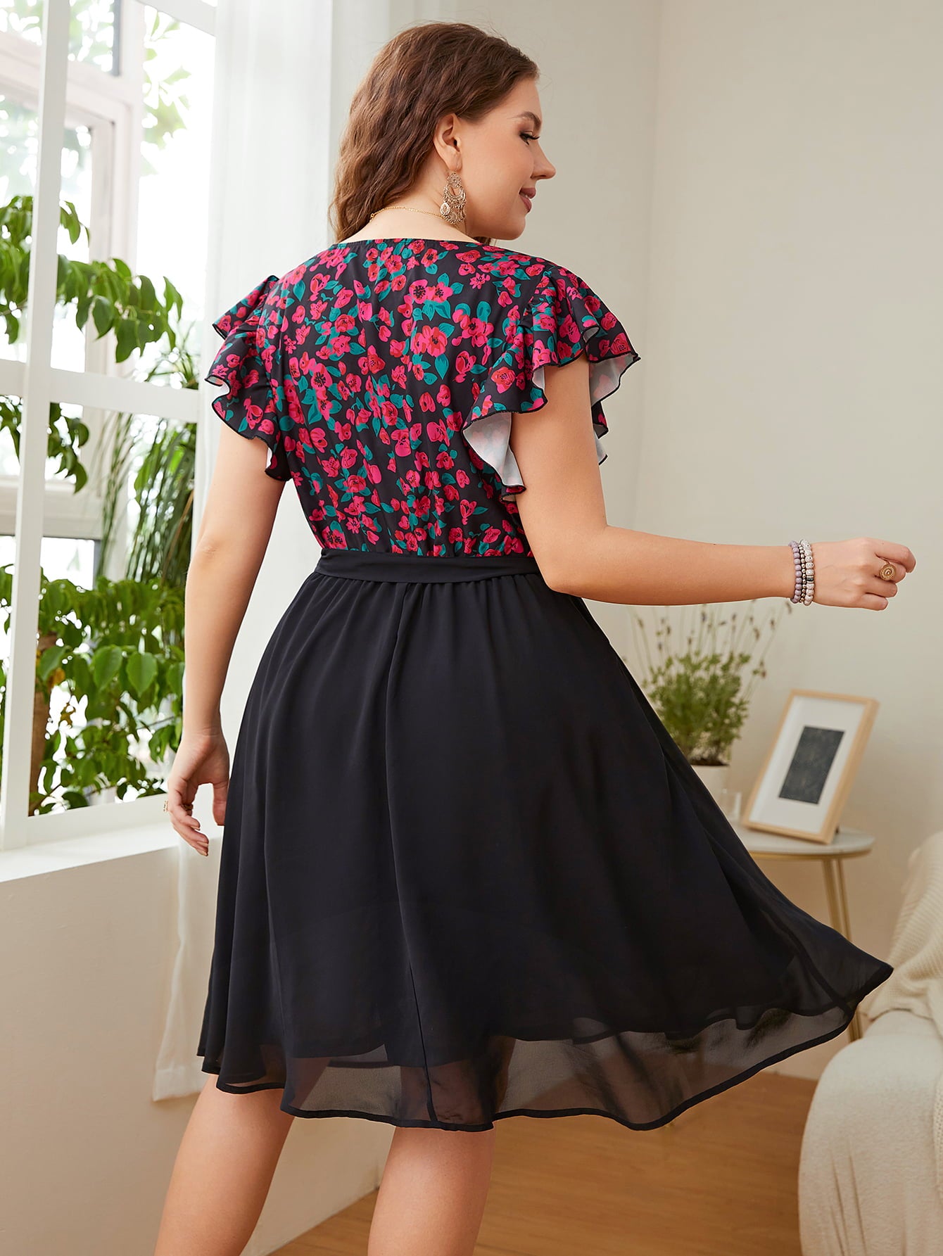 Honey Curve Surplice Floral Belted Dress with Flutter Sleeves