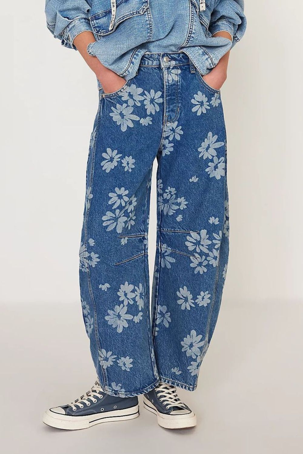 Flower Print Wide Leg Jeans - Boho Chic & Trendy Medium