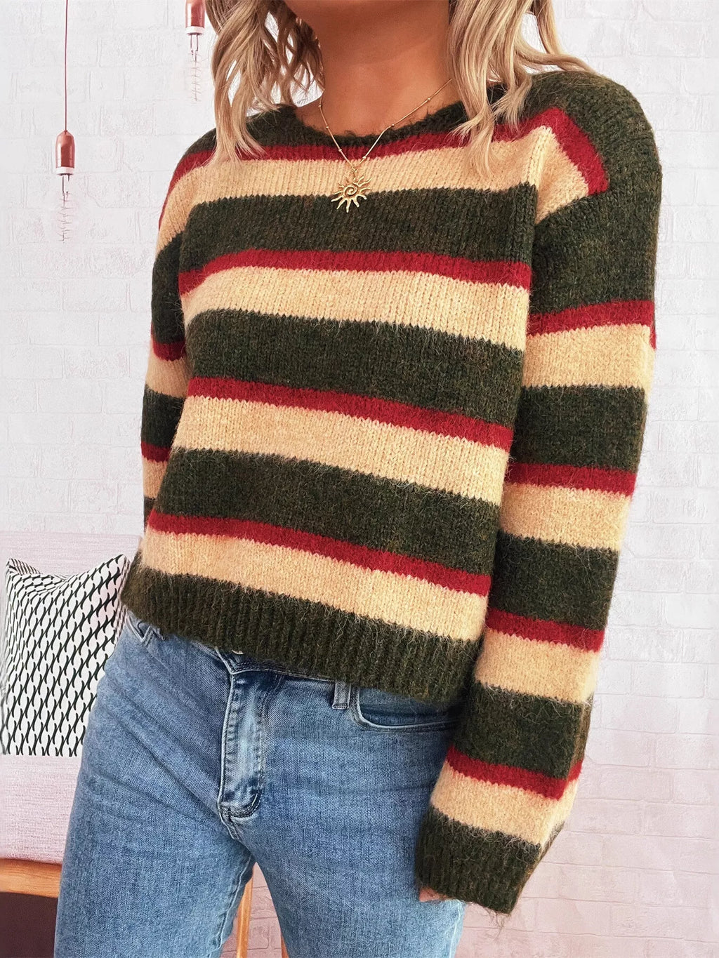 Striped Ribbed Round Neck Long Sleeve Sweater